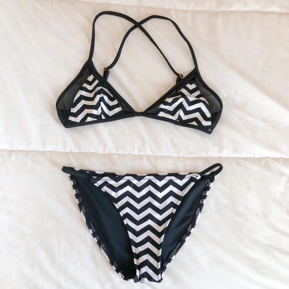 Topshop Black & White Chevron Mesh Bikini Set